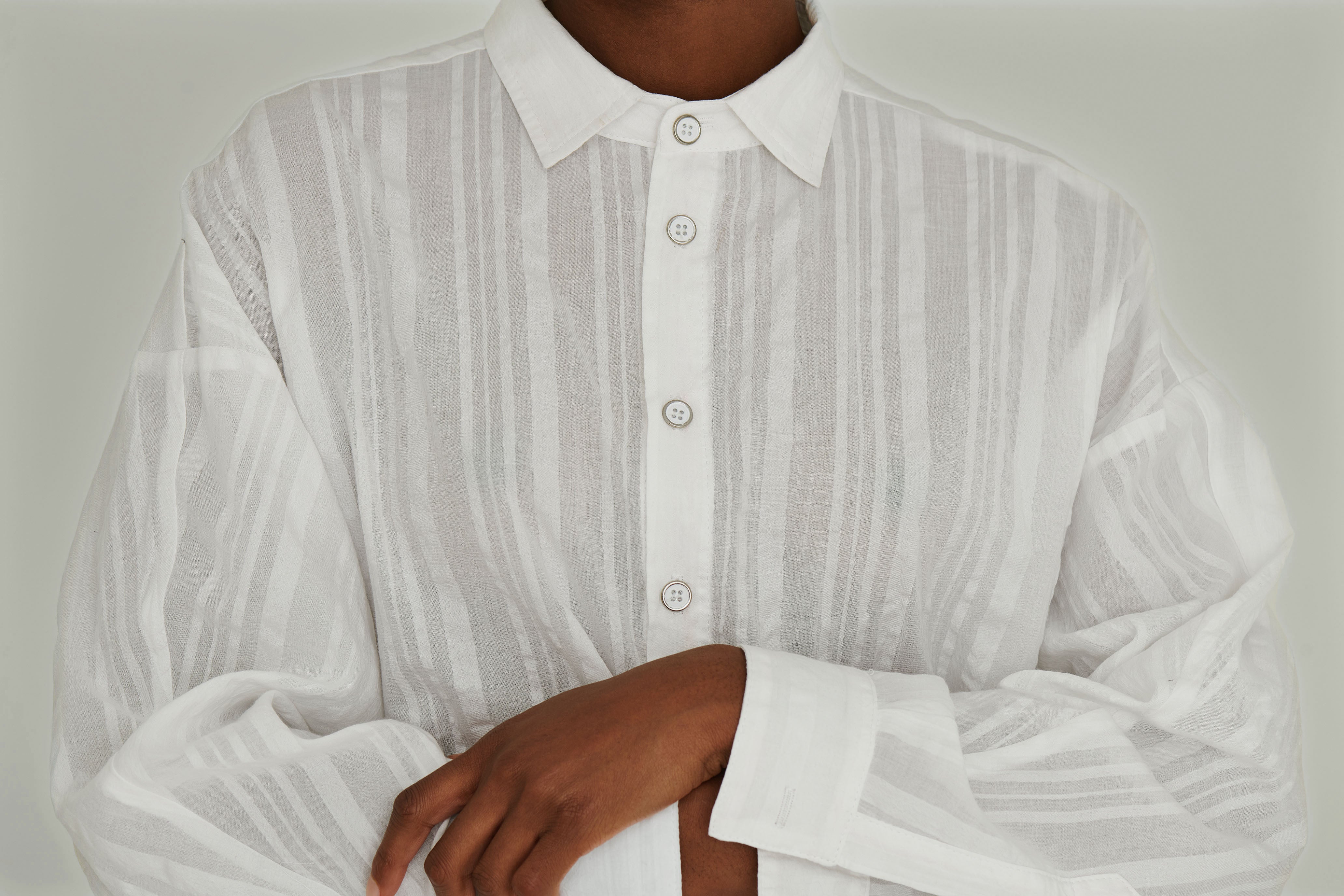 White Striped-Front Semi Sheer Cropped Button Down